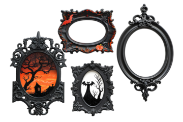 Halloween set of antique baroque black wooden oval picture frames isolated on transparent background. Decorative spooky, mystery, horror frame design. PNG, cutout.