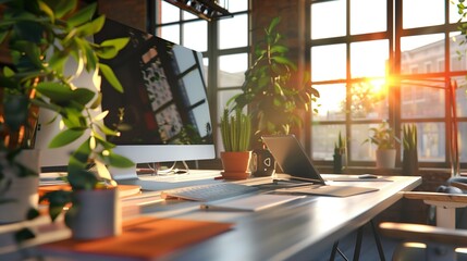 Working personal Office with a pc and beautiful plant interior
