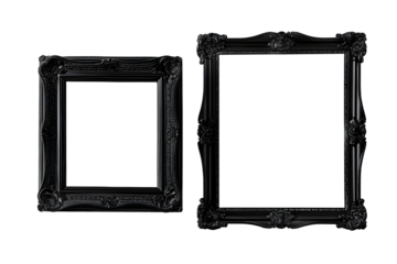 Set of antique baroque black wooden rectangular picture frames isolated on transparent background. Decorative elegant luxury frame design, rococo style. PNG, cutout.
