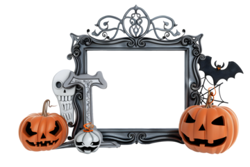 Antique halloween picture frame with holiday elements isolated on transparent background. Decorative spooky, mystery, horror scrapbooking objects design. PNG, cutout.