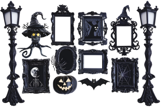 Set of antique halloween picture frames with holiday elements isolated on transparent background. Decorative spooky, mystery, horror scrapbooking objects design. PNG, cutout.