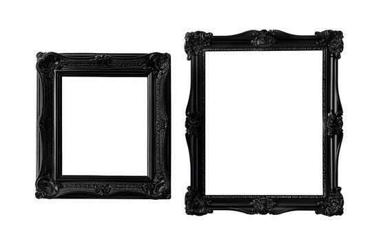 Set of antique baroque black wooden rectangular picture frames isolated on transparent background. Decorative elegant luxury frame design, rococo style. PNG, cutout.