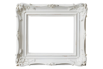 Antique carved white wooden rectangular picture frame isolated on transparent background. Decorative elegant frame design. PNG, cutout.