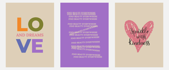 Aesthetic abstract pastel background with ispiration and motivation quotes and phrases posters on blurred pattern. Modern print for social media stories, album covers, banners, templates