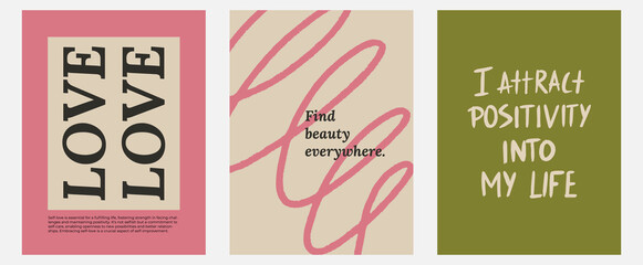 Aesthetic abstract pastel background with ispiration and motivation quotes and phrases posters on blurred pattern. Modern print for social media stories, album covers, banners, templates