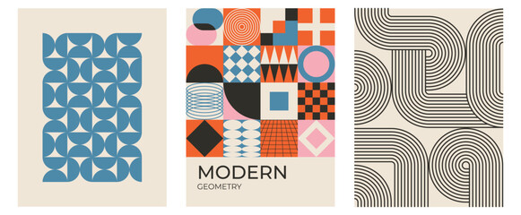 Set of trendy modern abstract geometric vector posters with circle, square line shape. Minimalistic print for wall art decoration, postcard or brochure cover design in retro style art