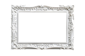 Antique carved white wooden rectangular picture frame isolated on transparent background. Decorative elegant frame design. PNG, cutout.