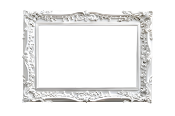 Antique carved white wooden rectangular picture frame isolated on transparent background. Decorative elegant frame design. PNG, cutout.