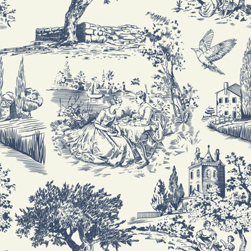 Abstract Victorian seamless pattern with hand drawn illustration with country life, couple villager in Toile de jouy style. Retro elegance blue Chinoiserie print. Vintage wallpaper for bedroom