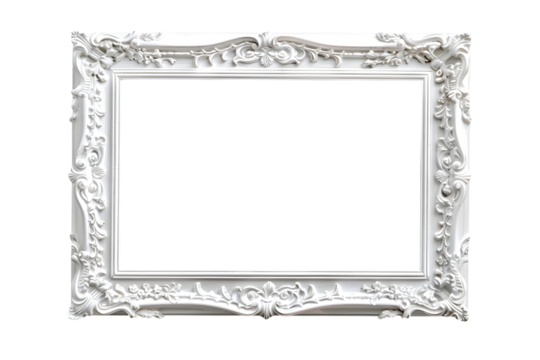 Antique carved white wooden rectangular picture frame isolated on transparent background. Decorative elegant frame design. PNG, cutout.