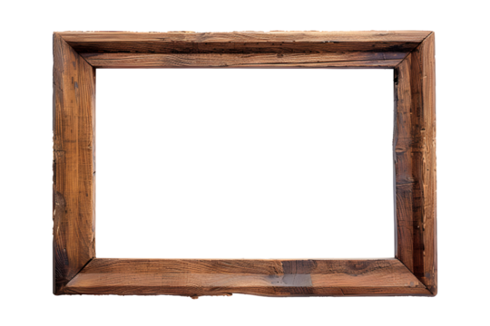 Antique rustic wooden rectangular picture frame isolated on transparent background. Decorative elegant frame design. PNG, cutout.