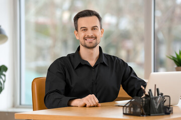 Handsome businessman sitting at table in office