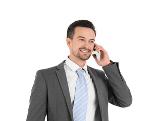 Handsome businessman in suit talking by mobile phone on white background