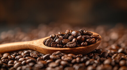 Close-Up Photo of Coffee Beans in a Wooden Scoop on a Pile of Beans