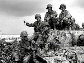 Old photo with American soldiers relaxing on a tank after landing on a beach during World War II.