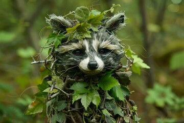 Obraz premium Peeking raccoon disguise in enchanted forest camouflaged with leaves and nature. Wildlife and greenery. Creating a whimsical and imaginative outdoor habitat in a fantasy woodlands setting