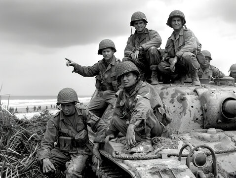 Old photo with American soldiers relaxing on a tank after landing on a beach during World War II.