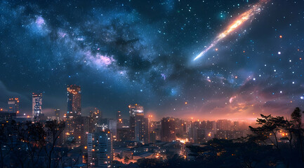 Fototapeta premium A solar planet in a cosmic scene with a bright comet passing by