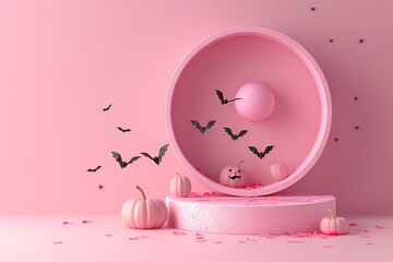 A pink background with a pink sphere and a pink circle with bats on it