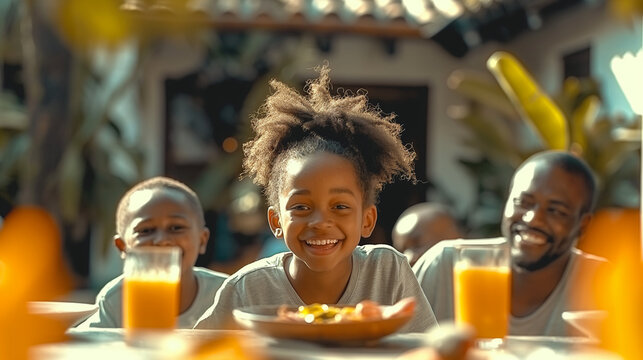 Smiling Family Enjoying Breakfast Outdoors