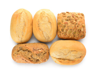 Different delicious buns on white background