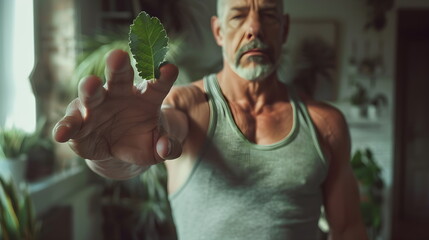 Portrait of an elderly man, 50-70 years old, reaching forward to the camera and catching a falling leaf of a plant, wearing a gray T-shirt, indoors, pantry or greenhouse.