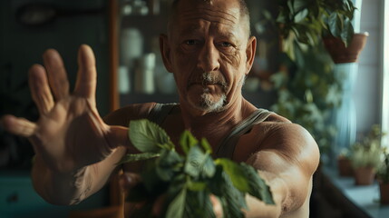 Portrait of an elderly man, 50-70 years old, reaching forward to the camera and catching a falling leaf of a plant, wearing a gray T-shirt, indoors, pantry or greenhouse.