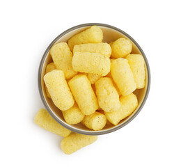 Bowl with tasty corn sticks on white background