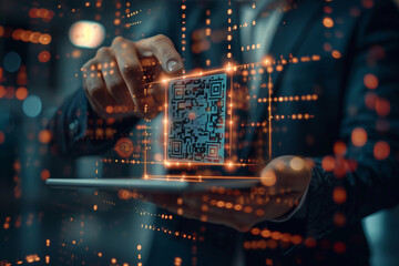 A Businessman's Fingertip Navigates the Digital Landscape Through a Glowing QR Code