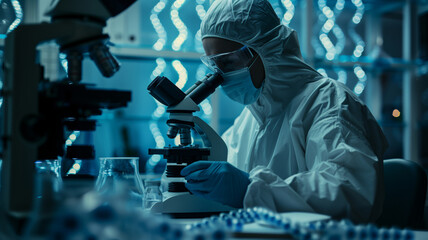 A Female Scientist Examines a DNA Spiral Through a Microscope in a Laboratory Setting