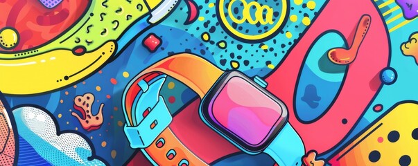 Colorful fitness tracker smartwatch on vibrant health-themed abstract background