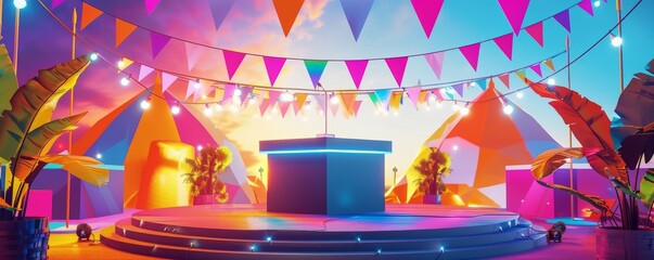 Vibrant pop-art stage mockup with colorful bunting and tropical plants