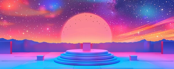 Vibrant pop-art mockup with central podium against a starry night sky and colorful sunset