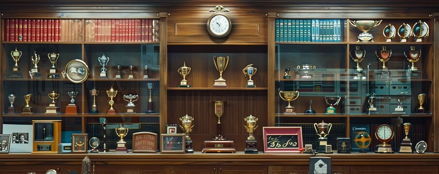 Wide view of a trophy display shelf with various awards, trophies, and books
