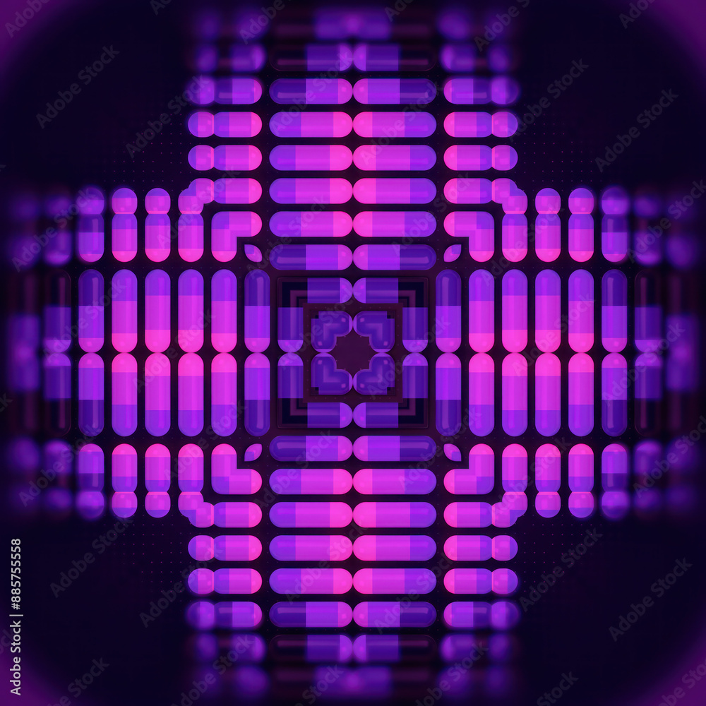 Poster Symmetrical pattern consisting of simple cylindrical shapes with pink-purple neon gradient. 3d rendering illustration