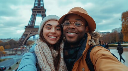 happy couple taking a selfie in front of the Eiffel Tower in Paris