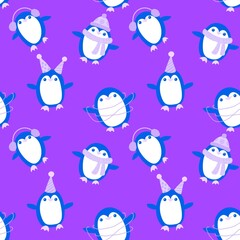 Cartoon festive animals seamless birthday decor and penguin pattern 