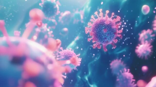 The image displays a 3D illustration of colorful virus particles floating in a fluid environment. The vibrant and dynamic composition gives an impression of scientific visualization of viral