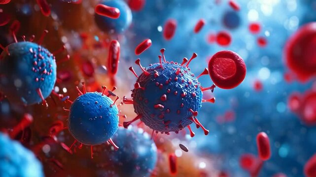 A detailed close-up depicting viruses and red blood cells within a bloodstream. The viruses appear as blue, spiky spheres while the red blood cells float around. The image suggests the presence of an