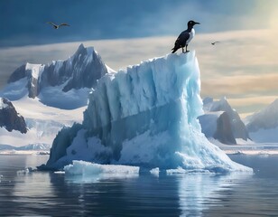 A solitary bird perches atop a towering iceberg in a serene polar landscape