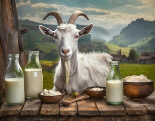 A fluffy white goat next to an old wooden table with bottles of fresh milk and bowls of cream against a rural background.