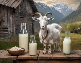 A fluffy white goat with bottles of fresh milk and bowls of cream against a rural background.