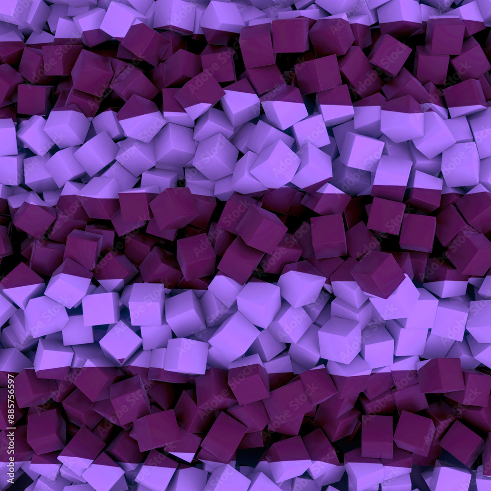 Poster Digital illustration of a striped pattern, consisting of many small chaotically scattered cubes. 3d rendering