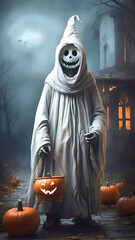 Spooky Halloween Night. Ghostly Figure with Glowing Pumpkins, Trick or Treat