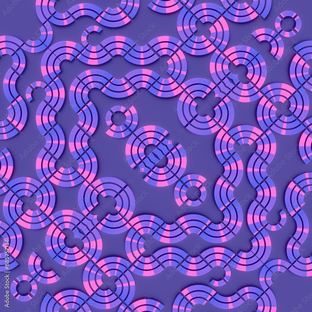 Aufkleber Digital illustration of a repeating purple pattern consisting of abstract swirling lines with pink stripes. 3d rendering