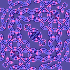 Digital illustration of a repeating purple pattern consisting of abstract swirling lines with pink stripes. 3d rendering