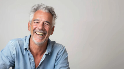 Handsome man 50s mid age beautiful physically fit well groomed senior model grey hair and beard smiling Healthy face skin care skincare hair care fitness dental off center copy space gray background