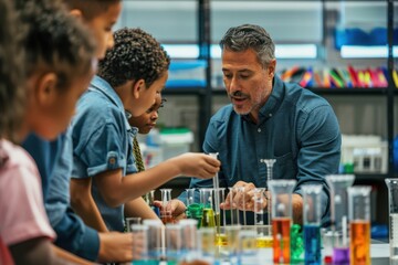 Engaged teacher showing a colorful chemical reaction to intrigued students in a classroom