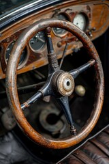 Obraz premium A close-up shot of an old car's steering wheel featuring a clock, ideal for use in automotive or nostalgic-themed designs