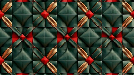 Luxurious abstract geometric pattern with rich green, red and gold tones, featuring intricate details and a plush texture